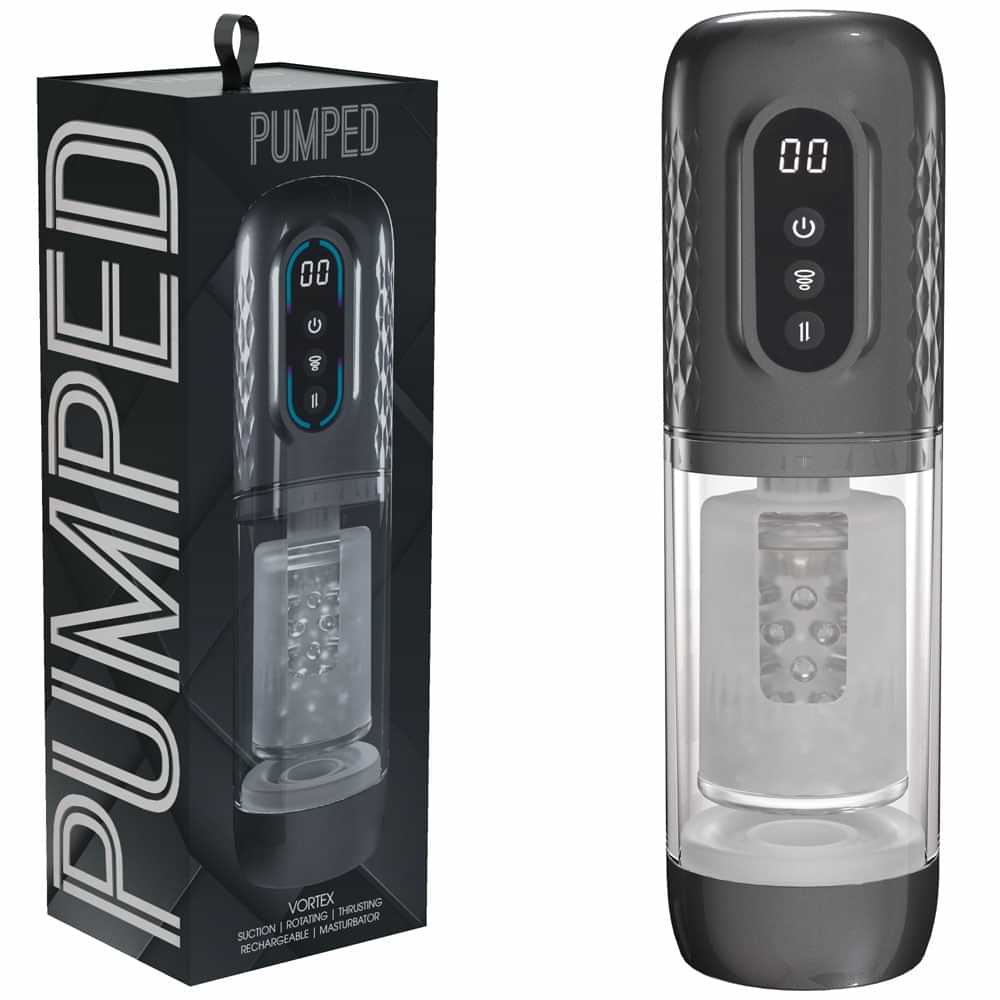 PUMPED Vortex - Gunmetal - Gunmetal Grey/Clear USB Rechargeable Sucking Rotating and Thrusting Auto Masturbator