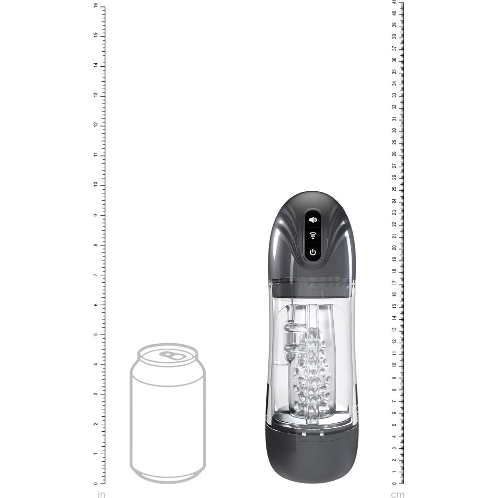 PUMPED SonicPull - Gunmetal - Gunmetal Grey/Clear USB Rechargeable Sucking And Vibrating Auto Masturbator with size comparison to a soda can.