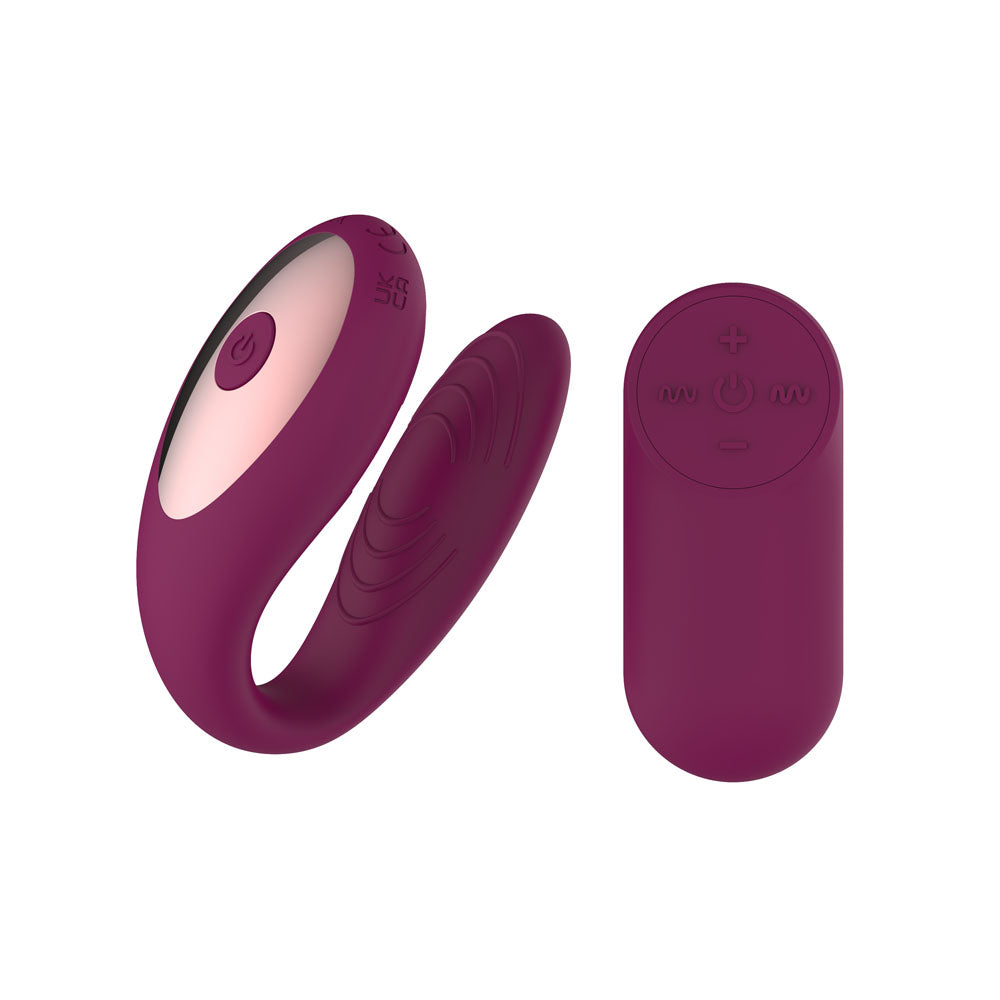 Passion Play couples vibrator with remote control in purple, USB rechargeable, made for shared pleasure.