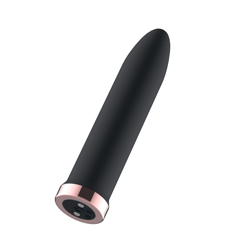 Passion Play rechargeable vibrating bullet in sleek black silicone with rose gold accents, perfect for targeted stimulation.