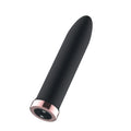 Passion Play rechargeable vibrating bullet in sleek black silicone with rose gold accents, perfect for targeted stimulation.