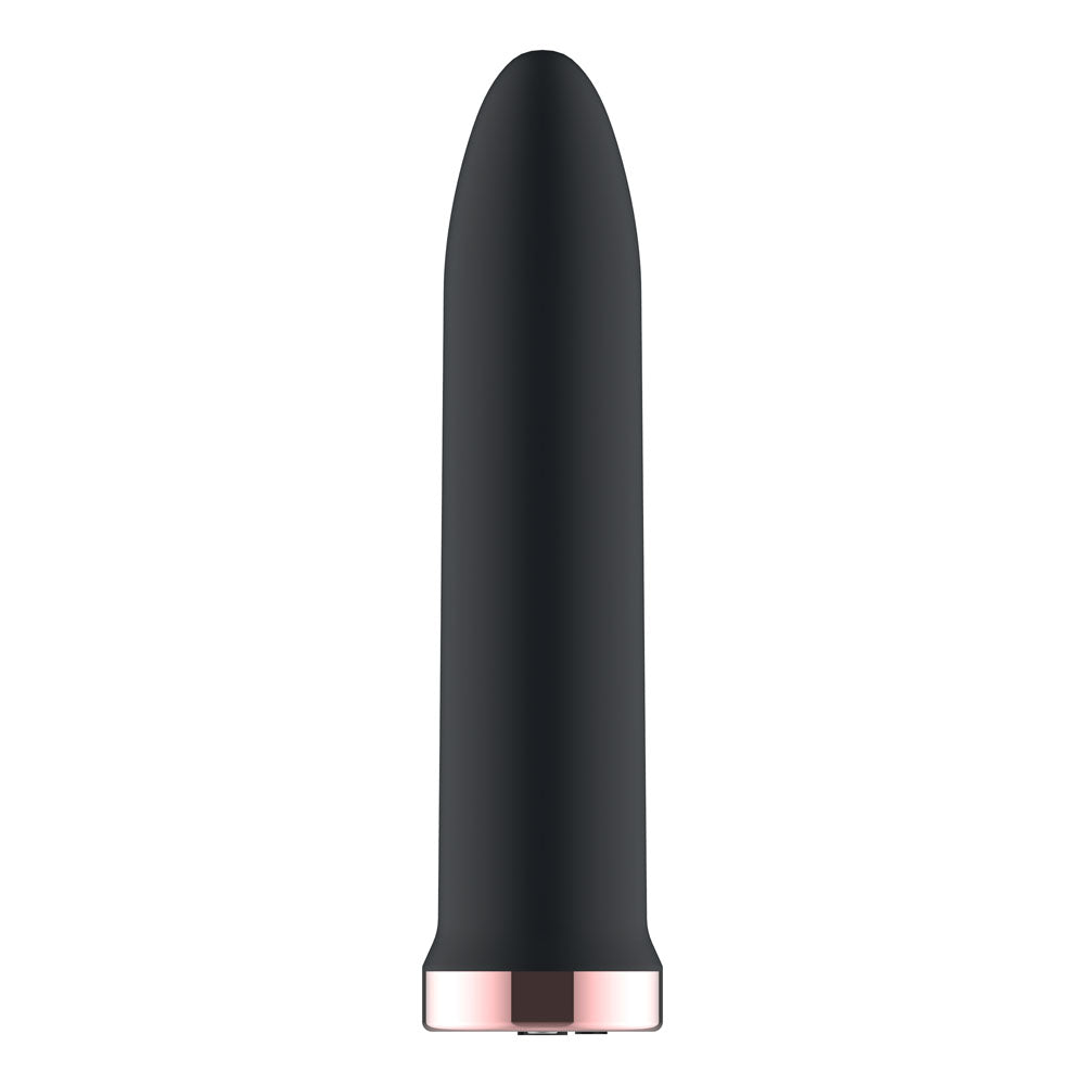 Passion Play rechargeable vibrating bullet in sleek black silicone, 9.8 cm USB rechargeable mini vibe.