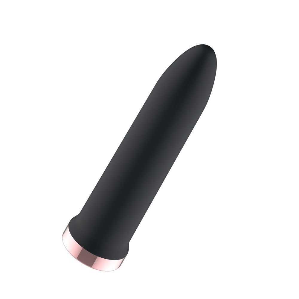Passion Play rechargeable vibrating bullet in sleek black silicone, 9.8 cm USB rechargeable design for targeted stimulation.