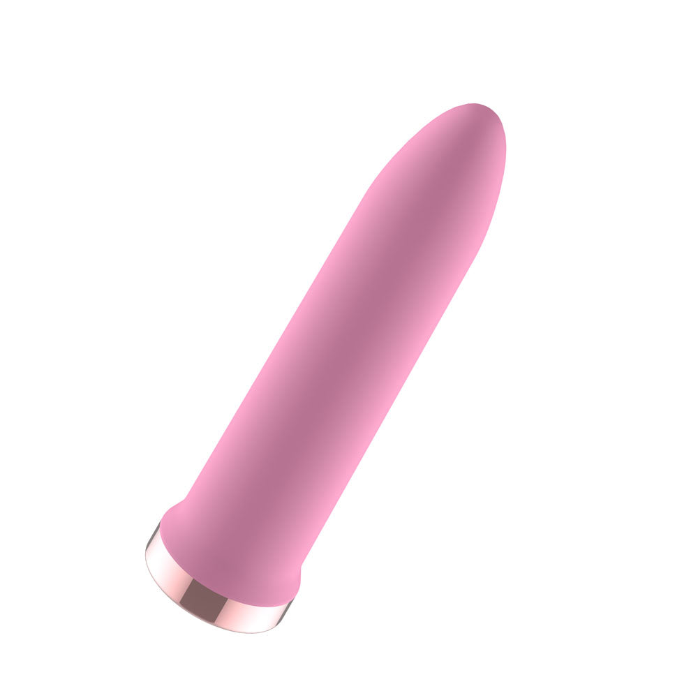 Passion Play rechargeable vibrating bullet in pink, compact design for targeted stimulation and easy transport.