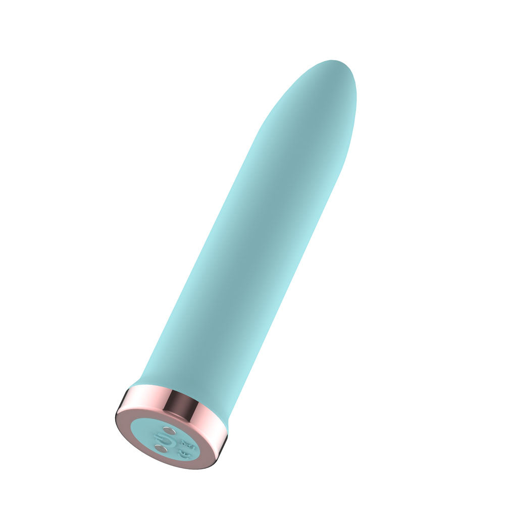 Passion Play rechargeable vibrating bullet vibrator in blue, compact 9.8 cm length and body-safe silicone design.