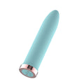 Passion Play rechargeable vibrating bullet vibrator in blue, compact 9.8 cm length and body-safe silicone design.