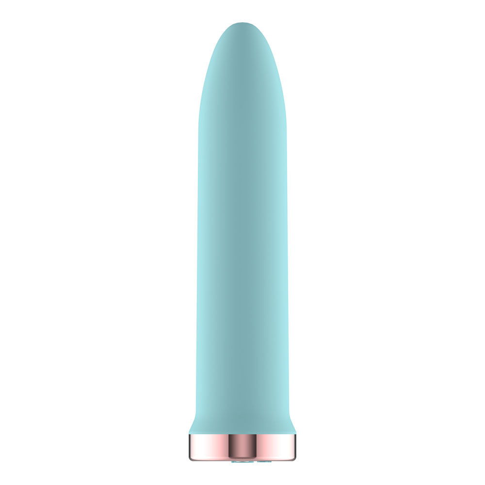 Passion Play rechargeable vibrating bullet vibrator in fun blue color with sleek design and body-safe silicone.