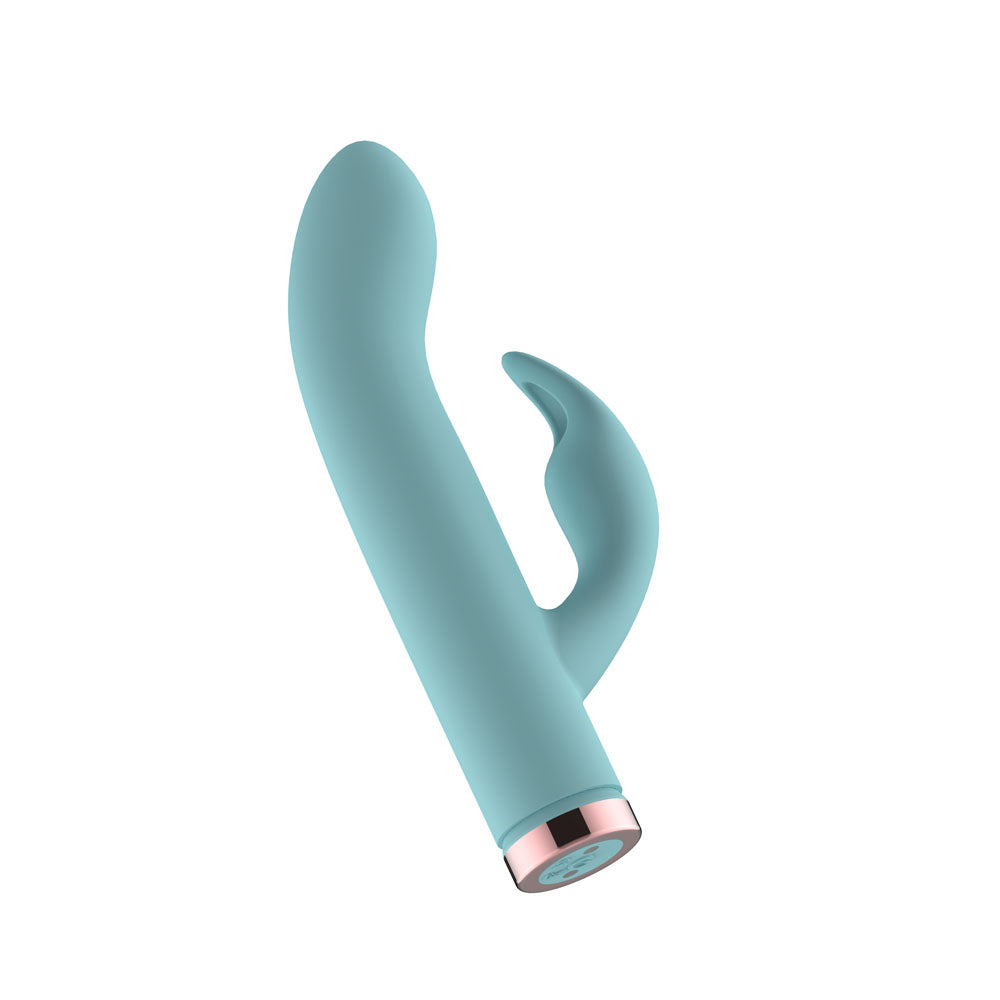 Passion Play mini rabbit vibrator in fun blue, USB rechargeable with smooth silicone finish for pleasurable use.