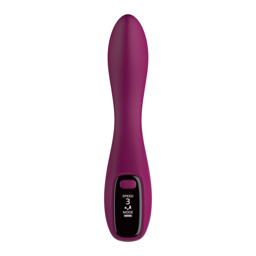 G-spot vibrator with LED screen in purple finish, featuring curved tip for targeted stimulation.