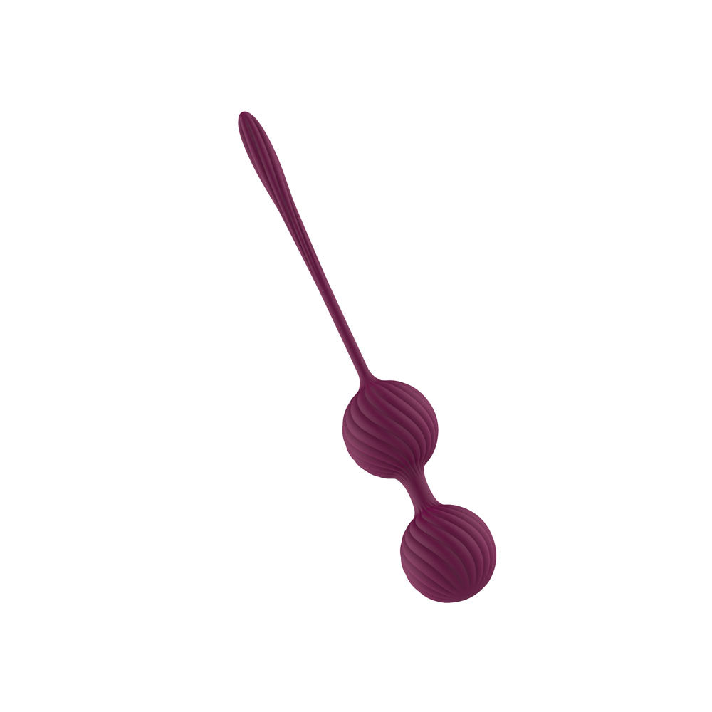 Passion Play dual kegel balls for pelvic training in rich purple silicone for comfortable use.