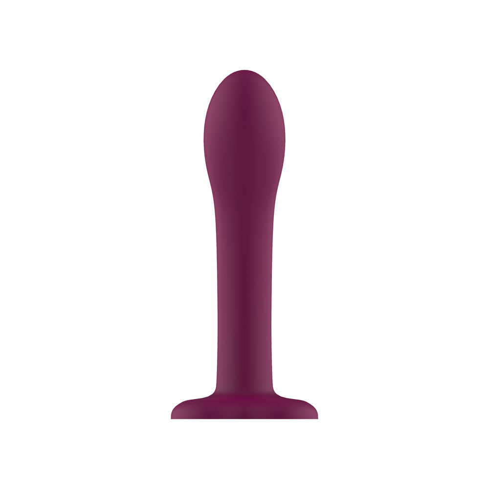 Passion Play Liquid Silicone Dildo in purple, designed for comfortable penetration and versatile strap-on use.