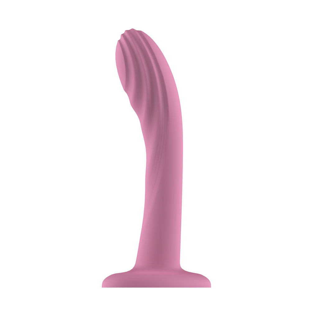 Passion Play Liquid Silicone Textured Dildo in pink, a body-safe textured silicone dildo for comfortable penetration.