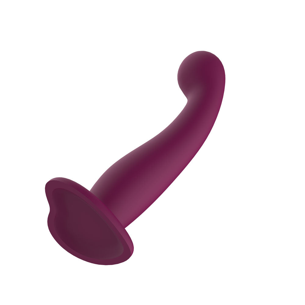 Passion Play Liquid Silicone Dildo in purple, featuring a curved shape and flared base for comfort and pleasure.