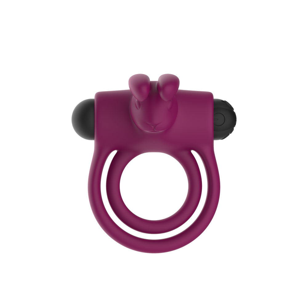 Passion Play Silicone Rabbit Vibrating Cockring for couples, USB rechargeable, designed for shared pleasure.