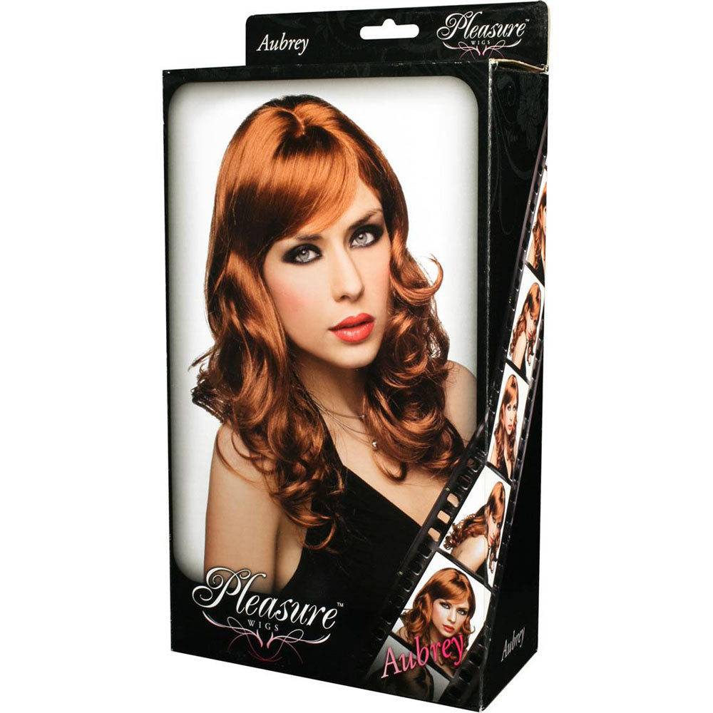 PLEASURE WIGS Aubrey -  - Redhead Wig packaging with model showcasing the design and color.