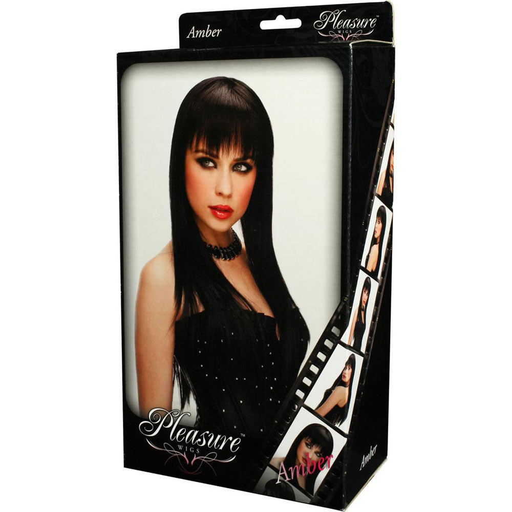PLEASURE WIGS Amber -  -  Wig - packaging showcasing a model wearing a long dark wig with bangs.