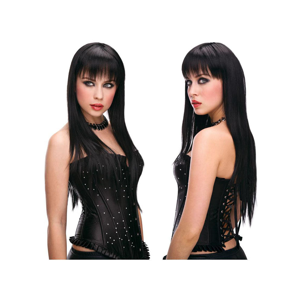 PLEASURE WIGS Amber -  -  Wig worn by model in black corset with studs, showcasing long sleek hair from the Pleasure Wigs collection.