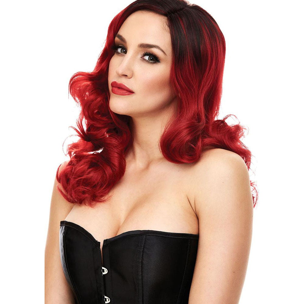 PLEASURE WIGS Candice - /Black - /Black Wig showcasing vibrant red curls and a stylish look.
