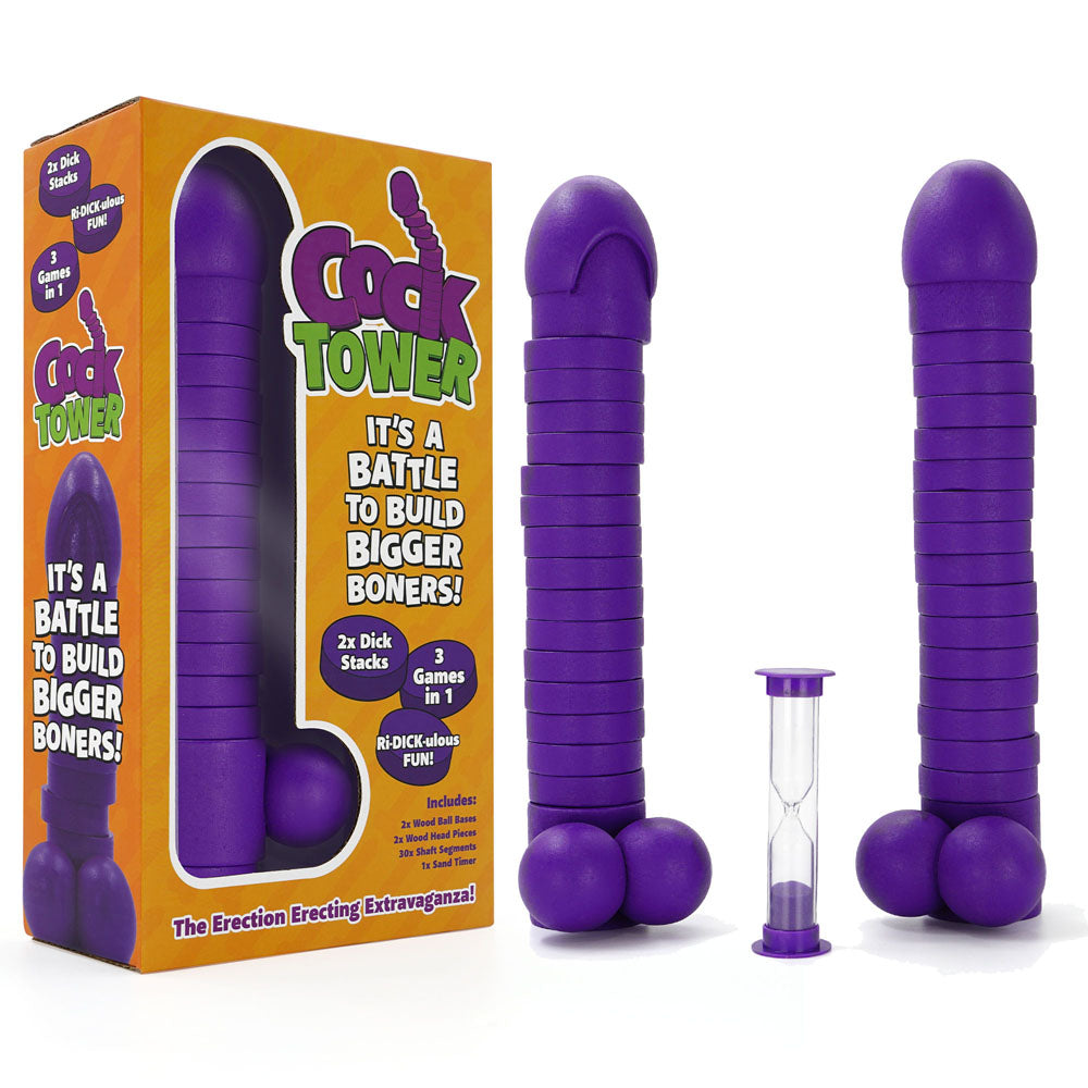Cock Tower - Party Block Game with purple stacks and hourglass timer for fun adult party entertainment.