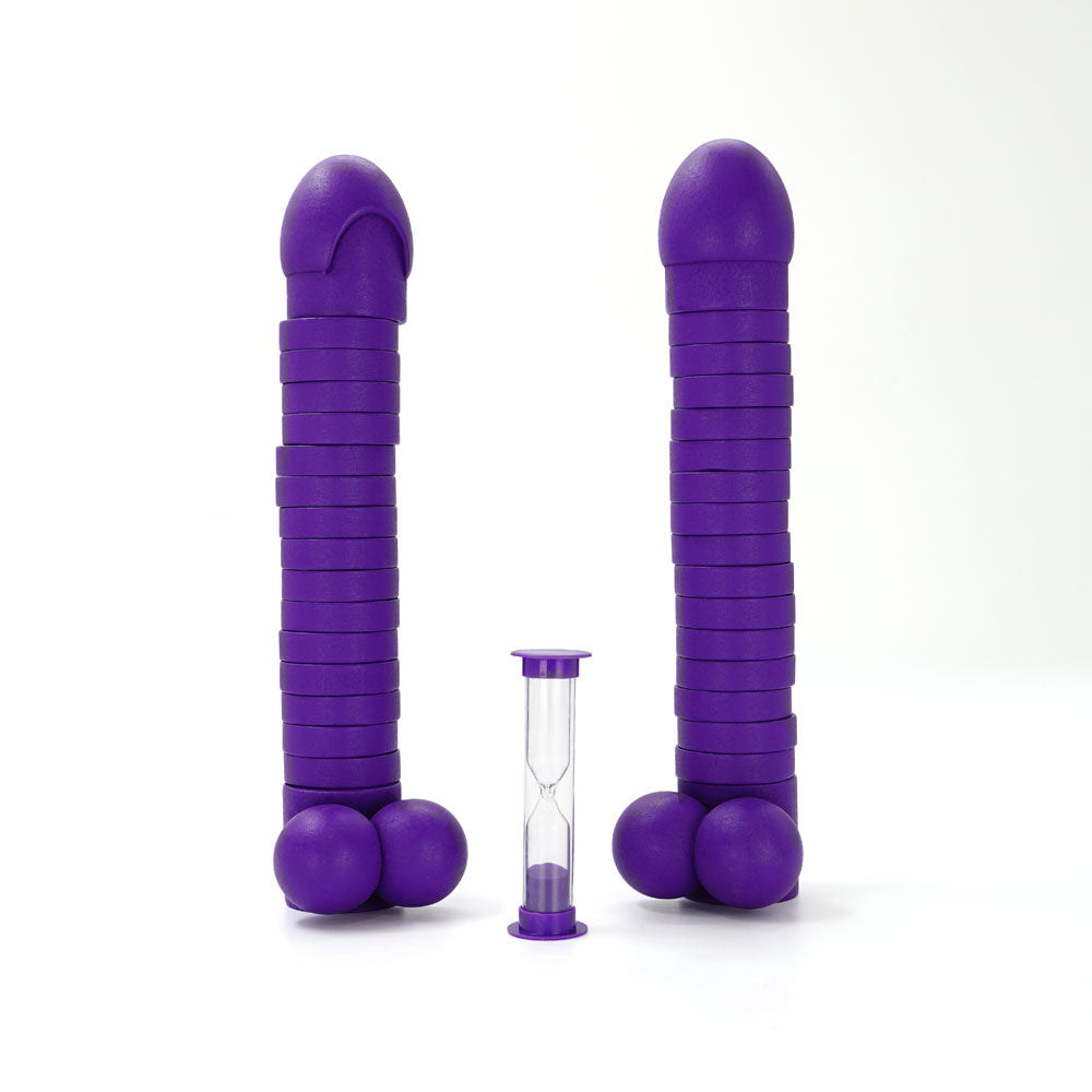 Cock Tower - Party Block Game featuring purple penis-shaped pieces and a timer for party fun.