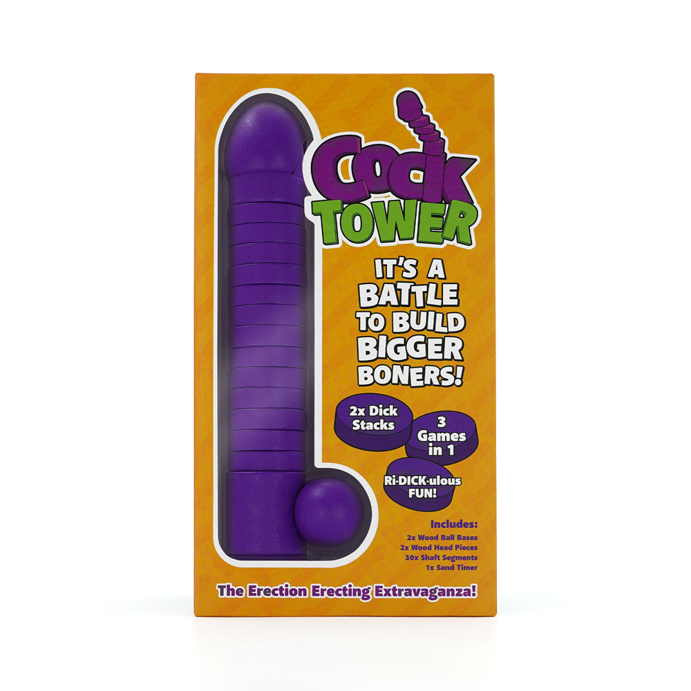 Cock Tower - Party Block Game packaging featuring a purple tower and game description for adult fun.
