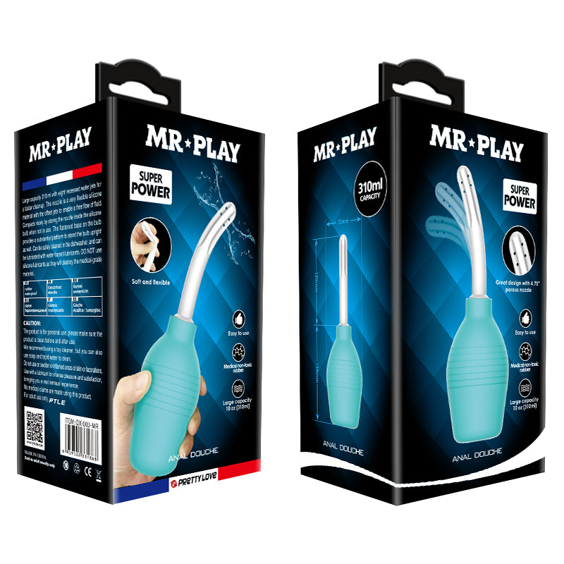 MR PLAY Anal Douche - Aqua/White Unisex Douche - 310 ml Capacity packaging featuring soft and flexible design for anal hygiene.