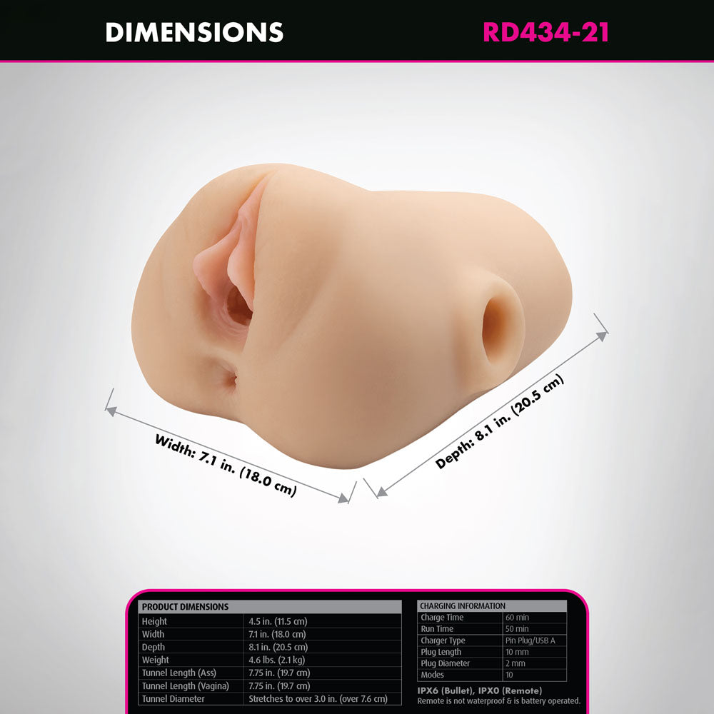 PDX Plus Double Pounder Vibrating Squeeze Stroker -  -  USB Rechargeable Vibrating Vagina Stroker dimensions and specifications.