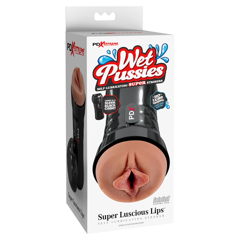 PDX Extreme Wet Pussies - Super Luscious - Vagina Stroker packaging with self-lubricating feature and realistic design.