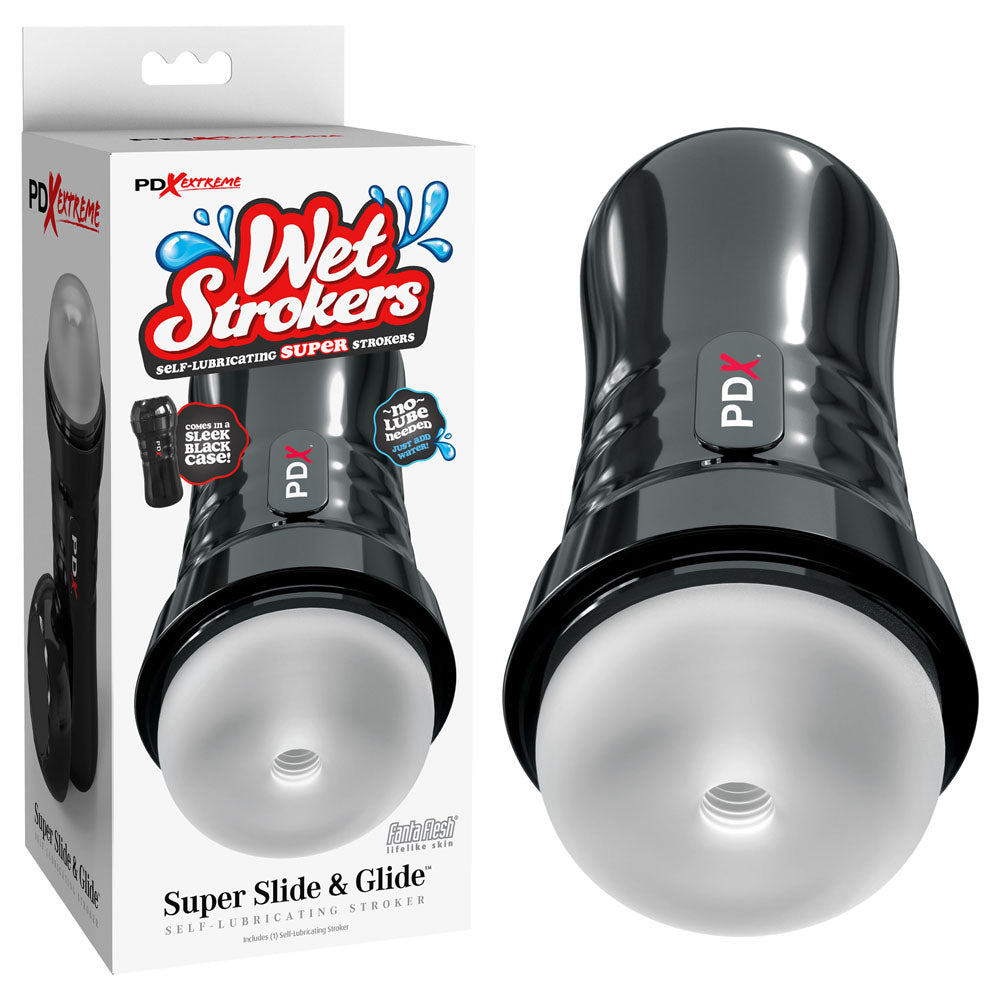 PDX Extreme Wet Strokers Super Slide & Glide - Stroker in packaging with self-lubricating feature for ultimate pleasure.
