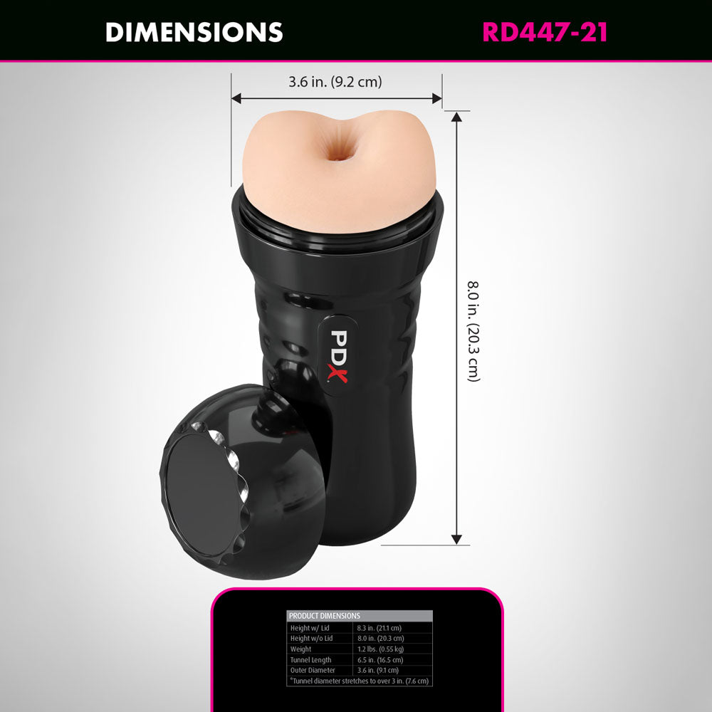PDX Wet Bussies Super Bangin Butt - Light -  Anal Stroker dimensions and design overview.