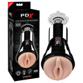 PDX Elite Cock Compressor Vibrating Stroker - USB Rechargeable Vibrating Pussy Stroker with Suction Base in packaging.