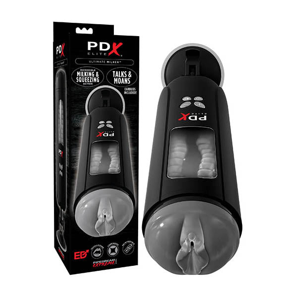 Pipedream Extreme Toyz Elite Ultimate Milker - USB Rechargeable Powered Masturbator packaging with milking and squeezing features.