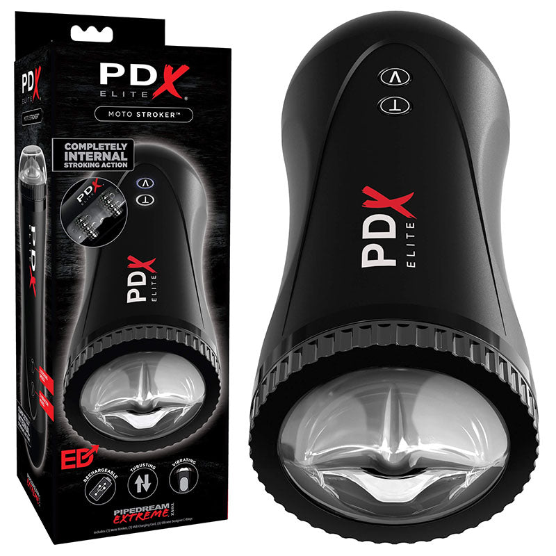 Pipedream Extreme Toyz Elite Moto Stroker -  Powered Masturbator packaging and device for enhanced male pleasure.