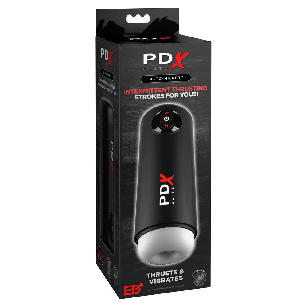 PDX Elite Moto Milker - USB Rechargeable Thrusting & Vibrating Auto Stroker packaging featuring intermittent thrusting strokes.