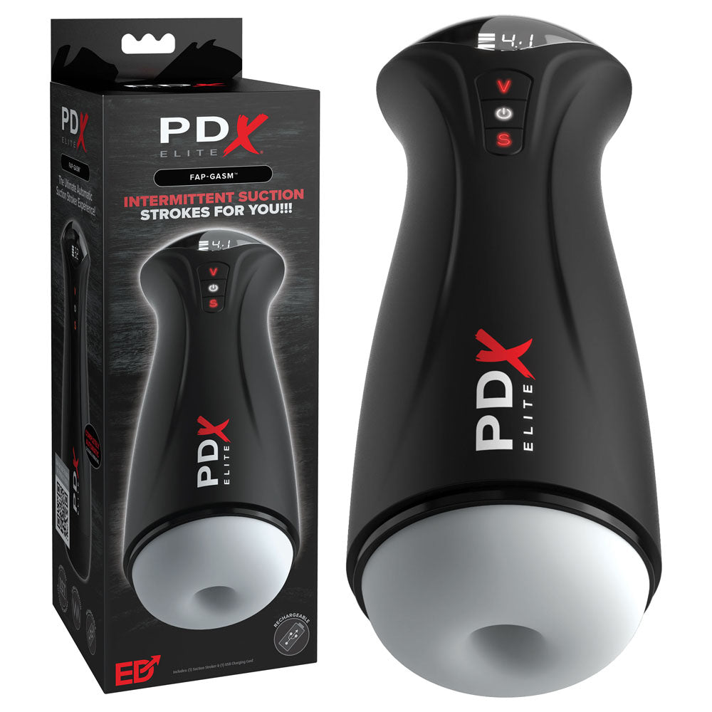 PDX Elite Fuck-Gasm - Flesh - USB Rechargeable Sucking & Vibrating Auto Stroker with packaging display.