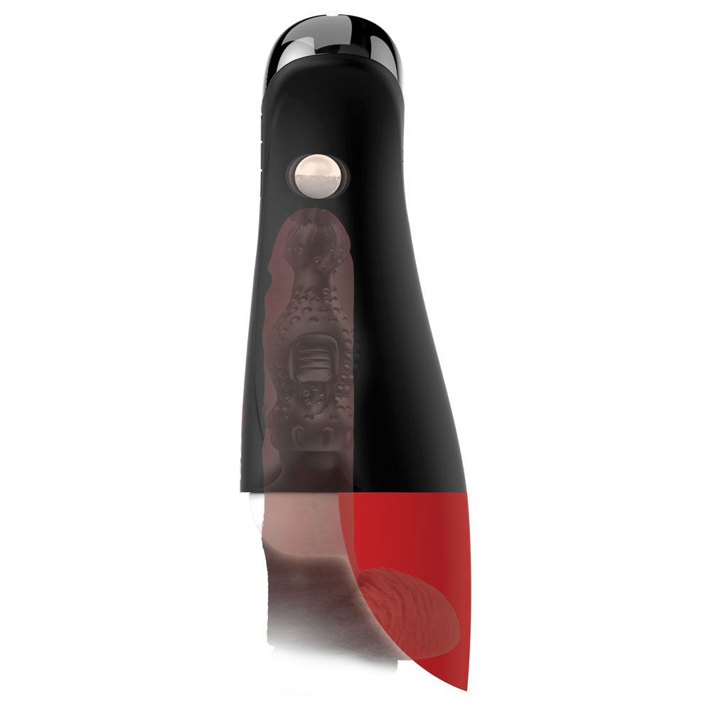 PDX Elite Fap-O-Matic Pro XL - /Red -  USB Rechargeable Auto Stroker showcasing black design with pleasure nubs.