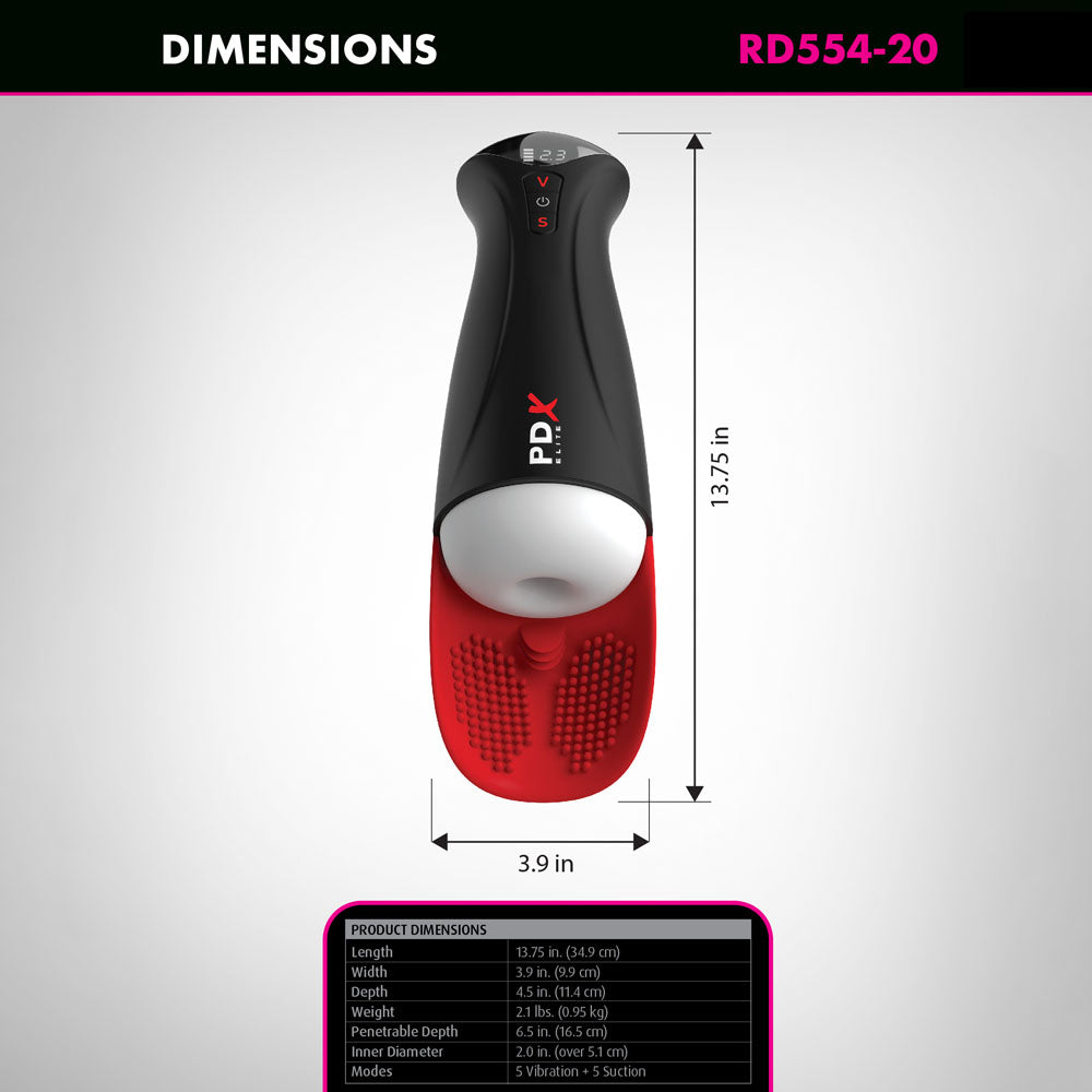 Product dimensions for PDX Elite Fap-O-Matic Pro XL - /Red - USB Rechargeable Auto Stroker, showcasing size and features.