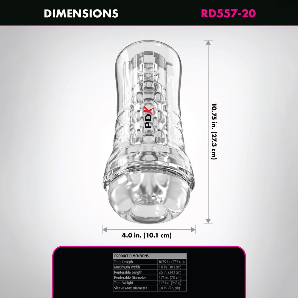 PDX Elite ViewTube EZ-Grip Stroker -  Stroker dimensions showing its size and design for an enhanced masturbation experience.
