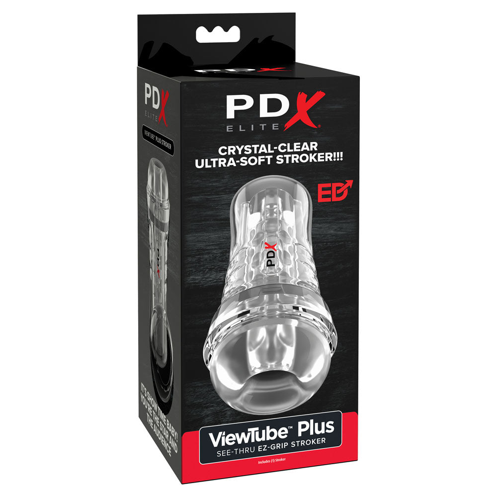 PDX Elite ViewTube EZ-Grip Stroker - Stroker packaging featuring crystal-clear, ultra-soft design for enhanced intimate experiences.