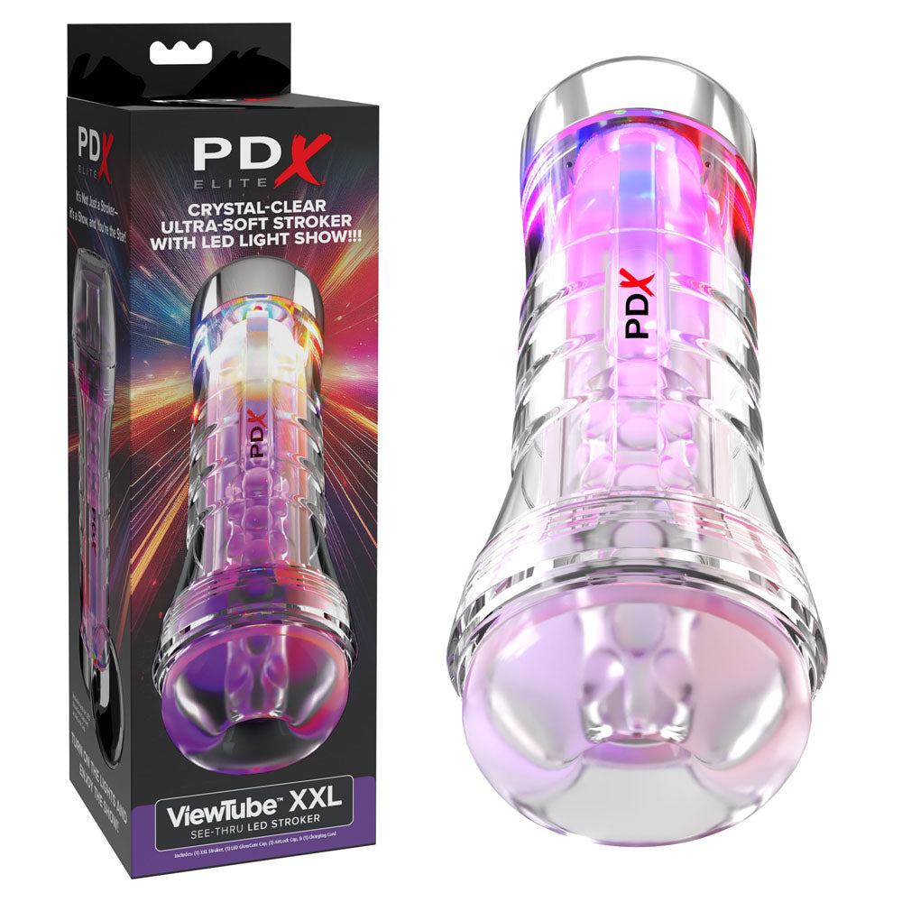 PDX Elite ViewTube XXL LED Stroker - Clear Stroker with LED Lights next to its packaging, showcasing its crystal-clear design.
