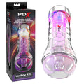 PDX Elite ViewTube XXL LED Stroker - Clear Stroker with LED Lights next to its packaging, showcasing its crystal-clear design.