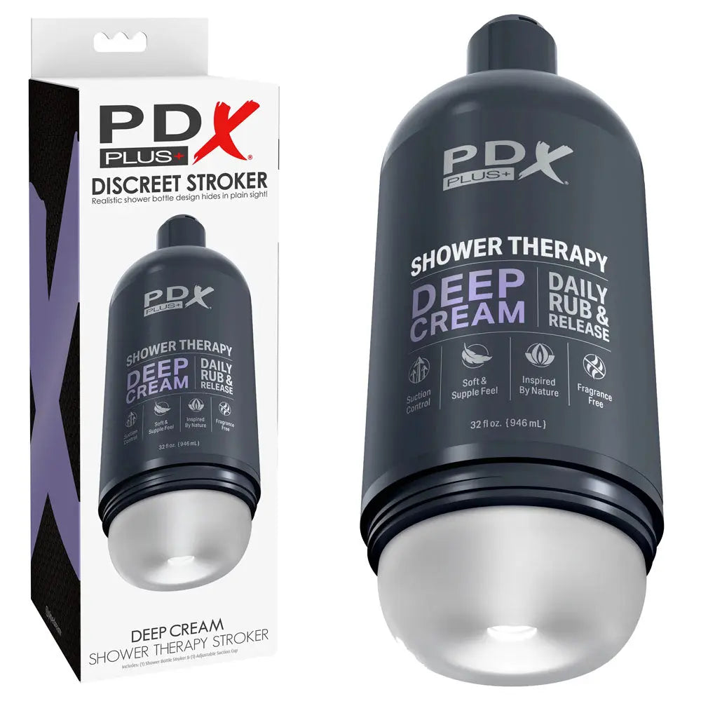 PDX Plus Shower Therapy - Deep Cream - Frosted -  Discreet Stroker with Suction Base Pipedream Discreet Intimate Essentials.