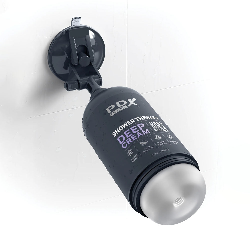 PDX Plus Shower Therapy - Deep Cream - Frosted - Discreet Stroker with Suction Base mounted on bathroom wall.