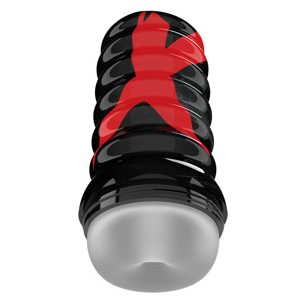 PDX Elite Air-Tight Stroker - Frosted - Stroker with ribbed texture and red accents for enhanced pleasure.