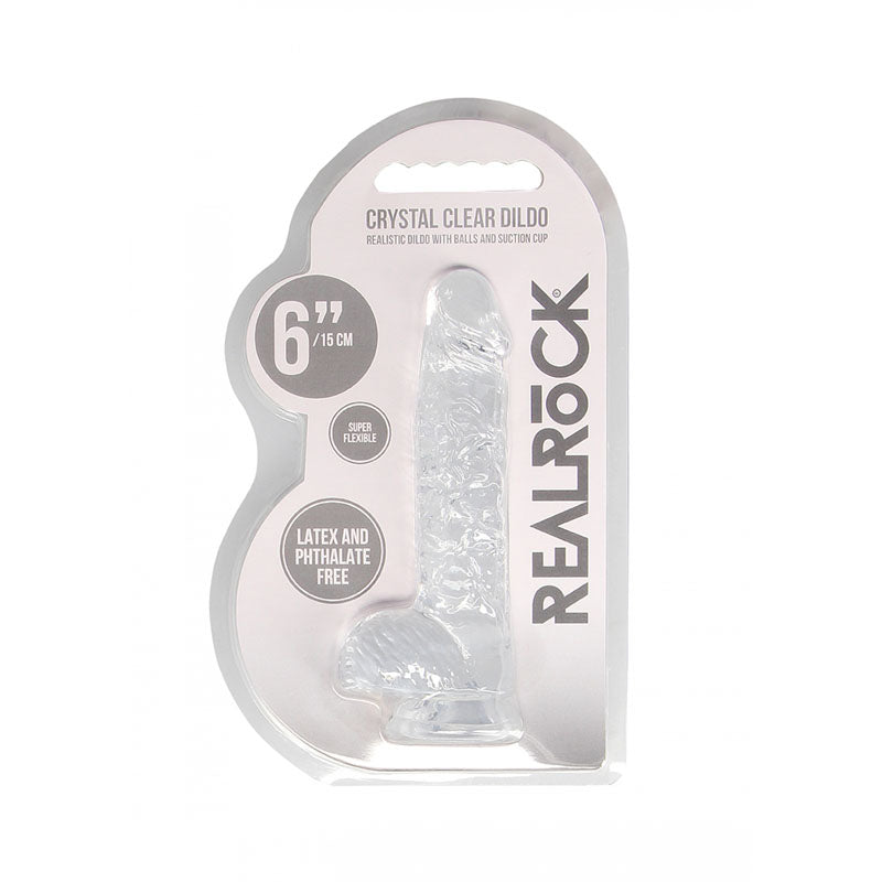 REALROCK 6'' Realistic Dildo With Balls - 15.2 cm Dong in packaging showcasing design and suction cup feature.