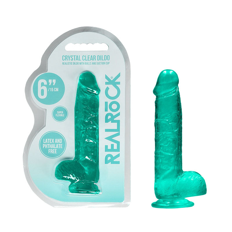 REALROCK 6'' realistic dildo with balls in turquoise packaging with suction cup for enhanced lifelike experience.