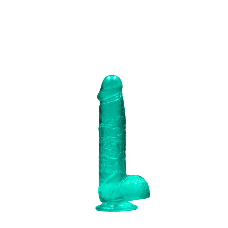 REALROCK 6'' realistic dildo with balls in turquoise color, featuring a sturdy suction cup for hands-free use.