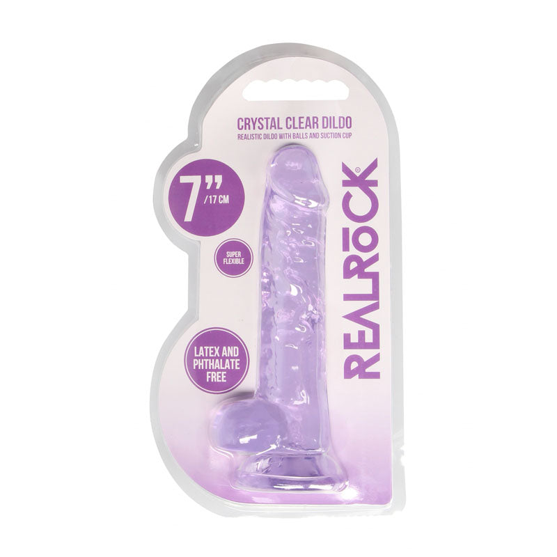 REALROCK 7'' Realistic Dildo With Balls -  17.8 cm Dong packaging featuring crystal clear design and suction cup.
