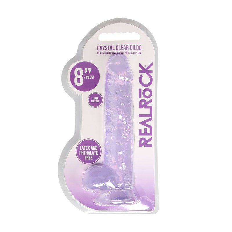 REALROCK 8'' Realistic Dildo With Balls - 20.3 cm Dong packaging featuring a crystal clear design with suction cup.