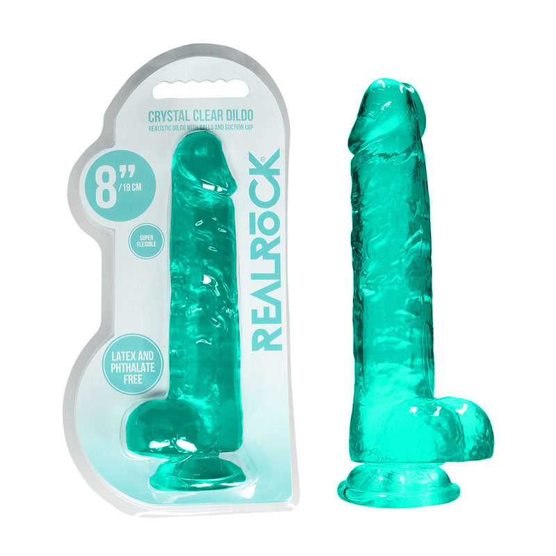 REALROCK 8" realistic dildo with balls in turquoise, featuring a sturdy suction cup for attachment.